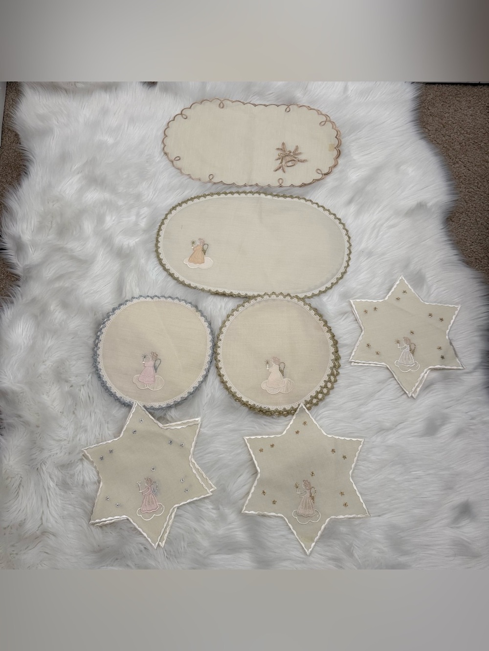 Vintage Angel/Bells Embroidered Linen Set 13 Pieces